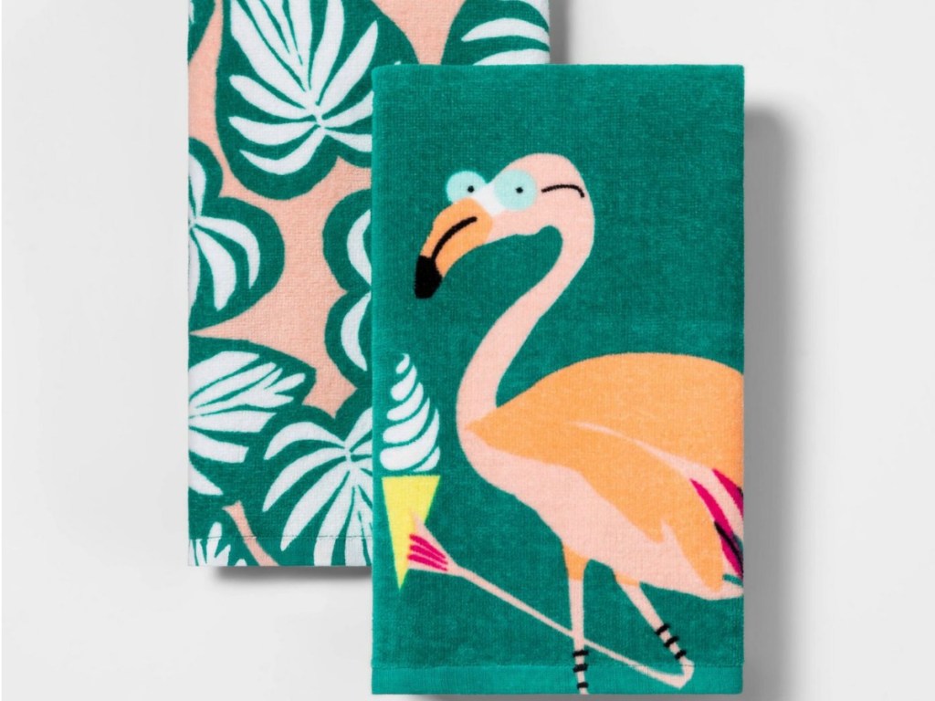 flamingo and palm leaf kitchen towels