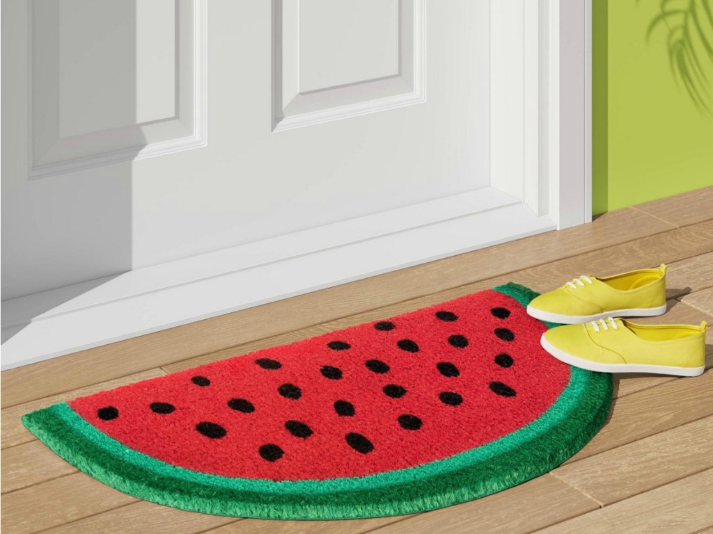 watermelon slice doormat with yellow shoes on them