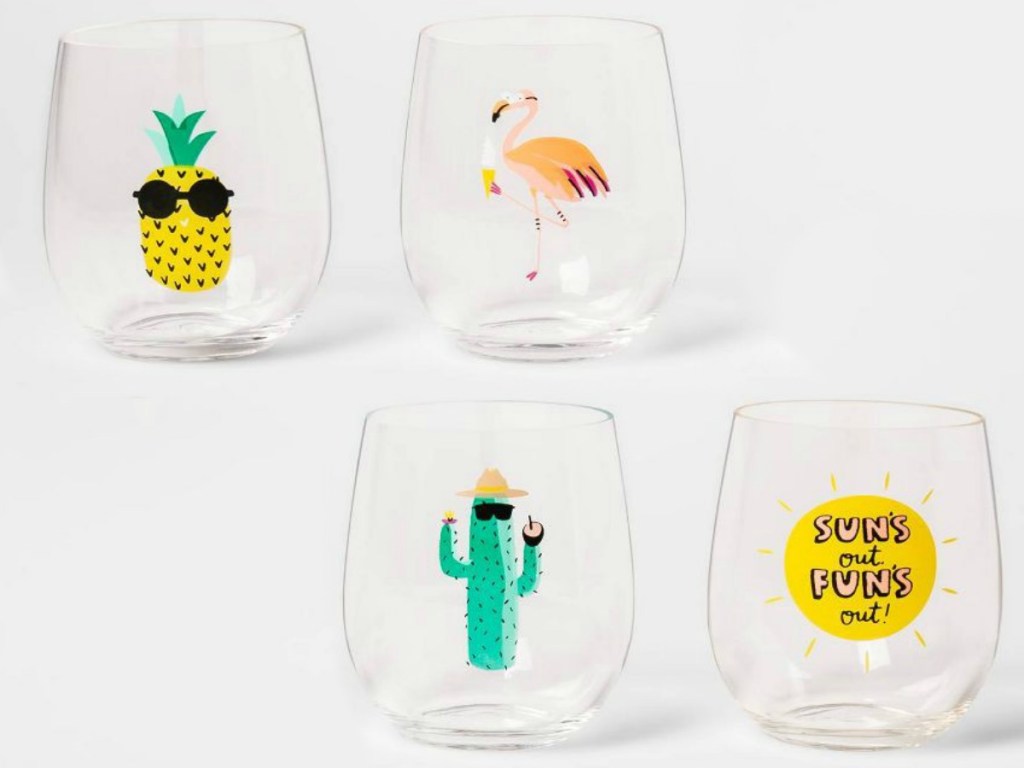 fun stemless wine glasses with summer decals