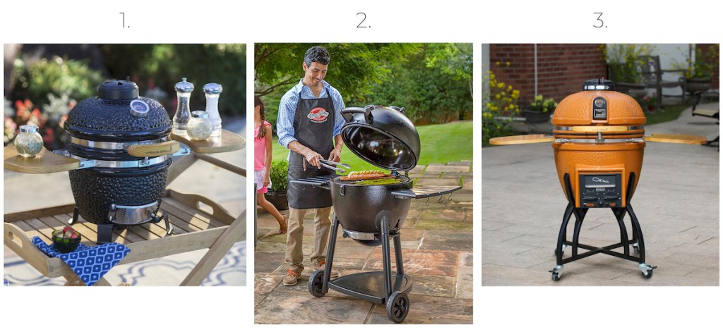 different styles and colors of egg shaped grills sitting outside