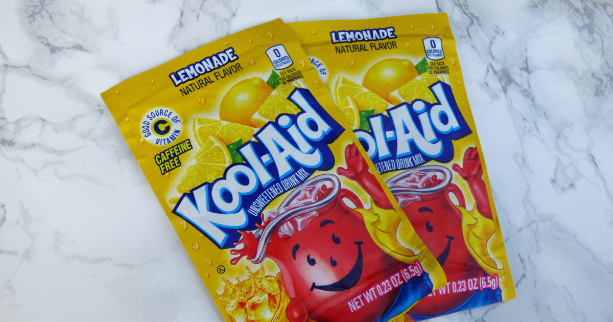 two kool-aid drink packets on a countertop
