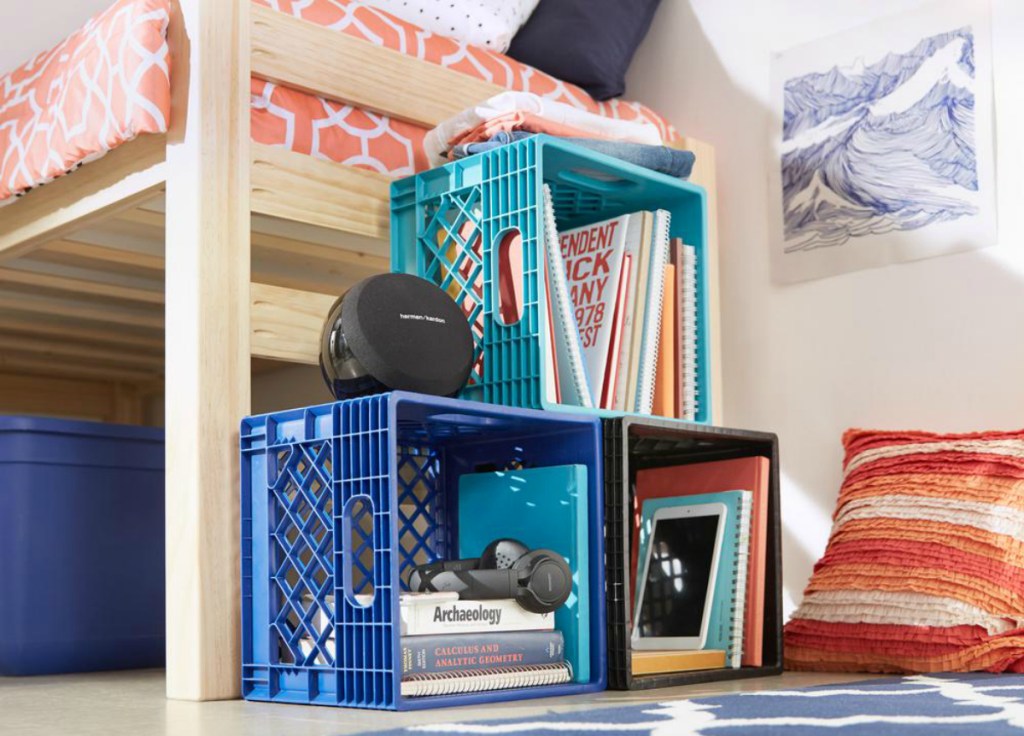 milk crates in college dorm room