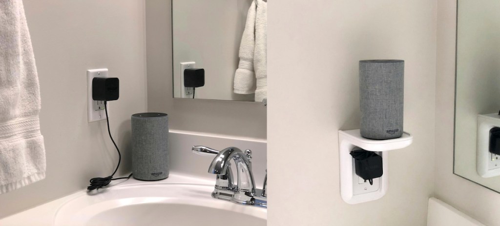 before and after with Amazon Alexa on white outlet shelf