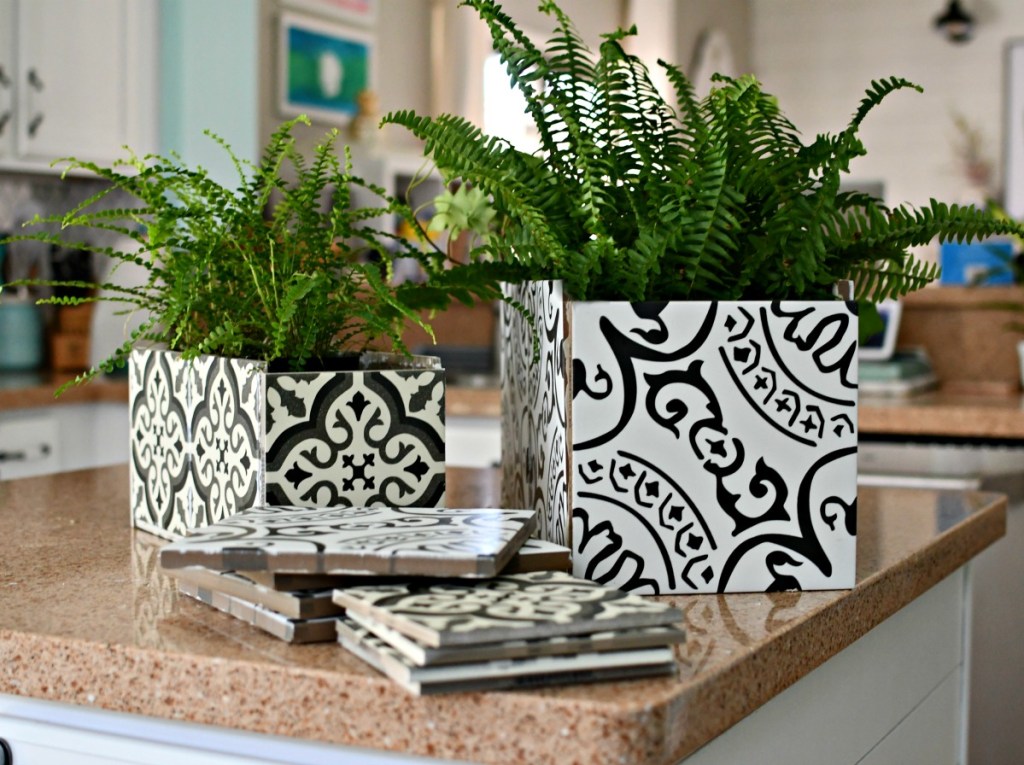 2 sizes of diy tile planters on counter 