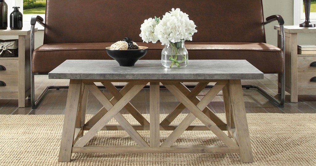 farmhouse coffee table on rug
