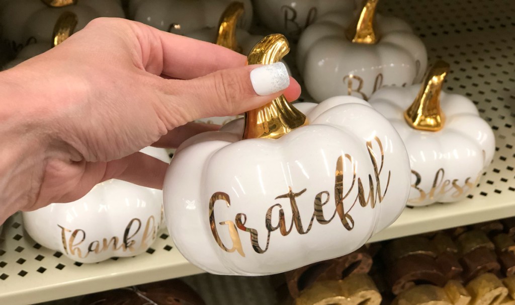 White & Gold Thankful, Grateful, Blessed Pumpkins