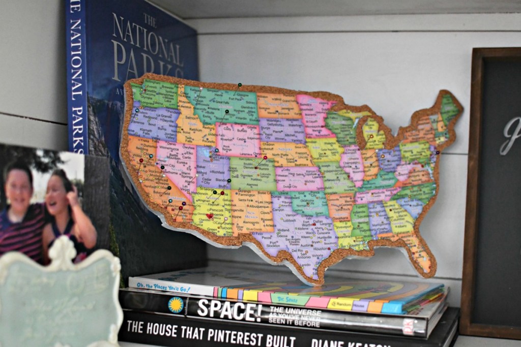 cork board map on a shelf