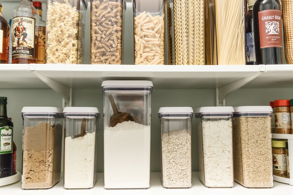 two rows of organized dry foods clear containers