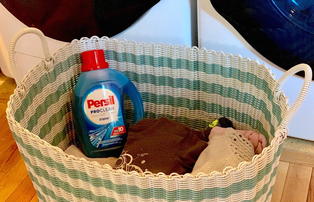 stripe laundry basket with clothes and persil 