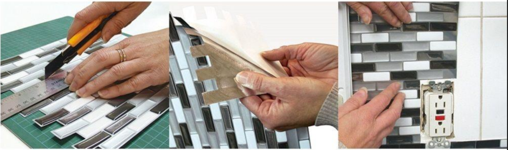 showing how to use peel and stick backsplash wall tiles 