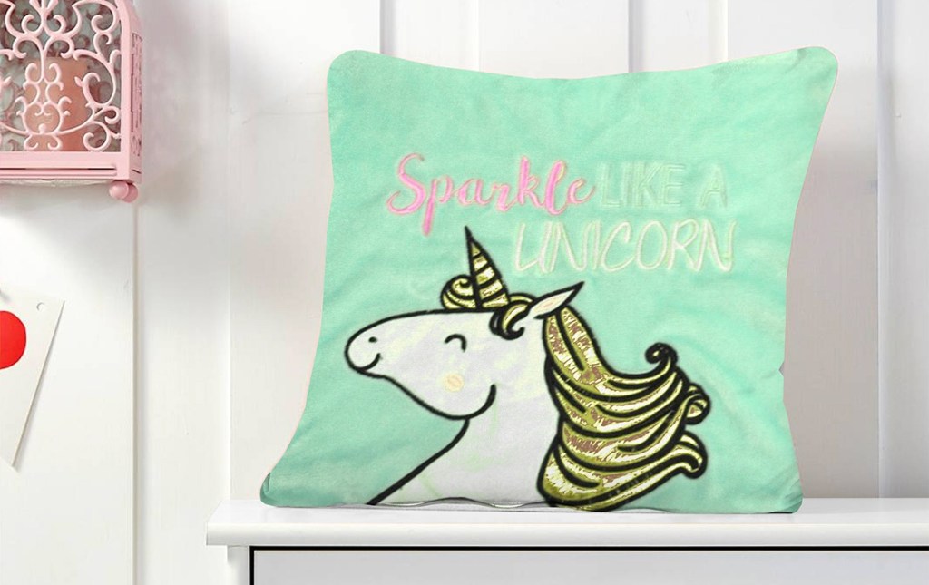 teal sparkle like a unicorn pillow