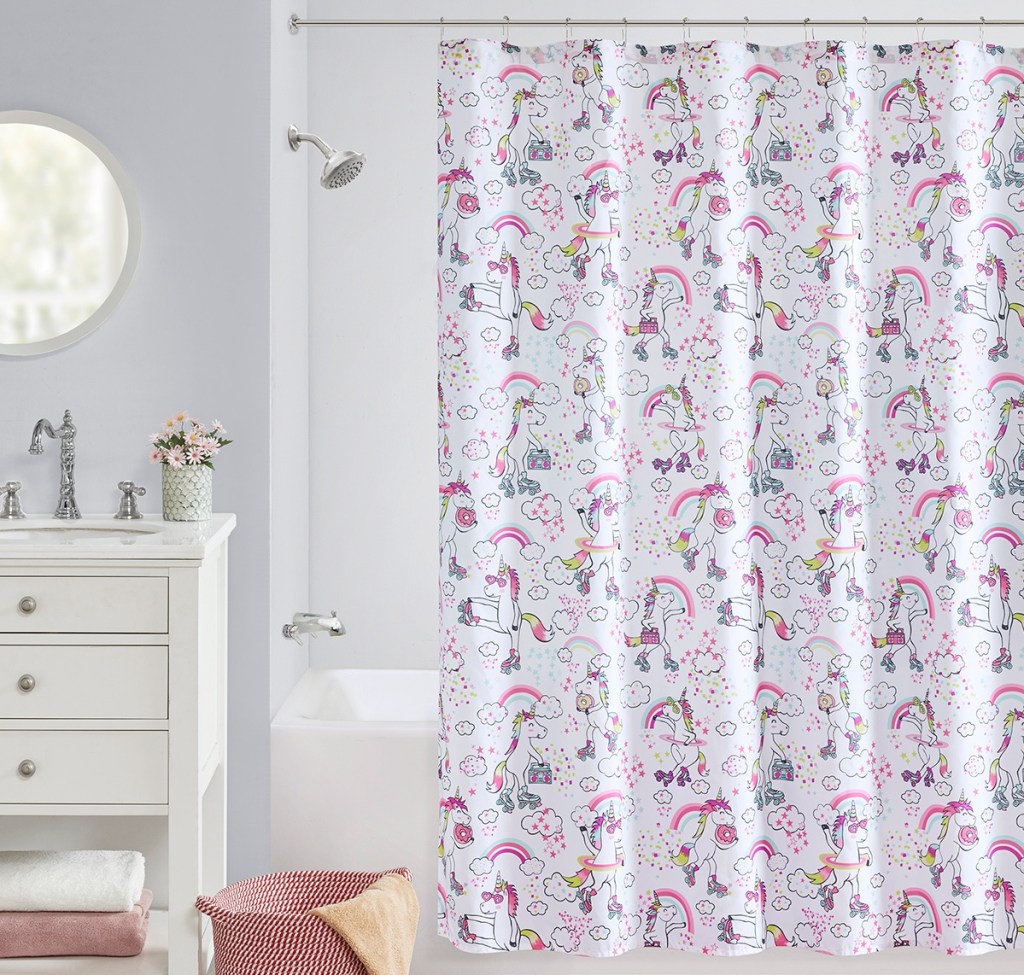 unicorn shower curtain in bathroom