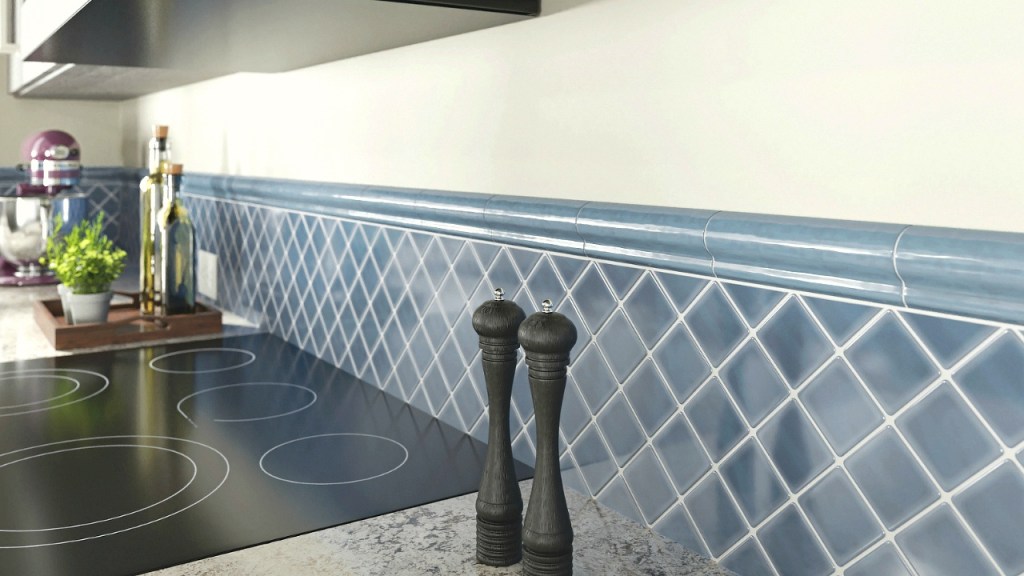 Blue square wall tiles in modern kitchen