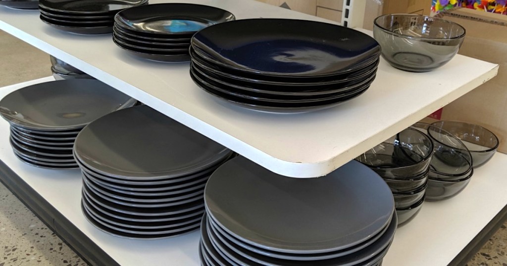 dinnerware at Dollar Tree on shelves 