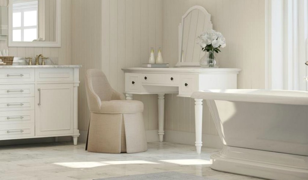 brown vanity stool in bathroom