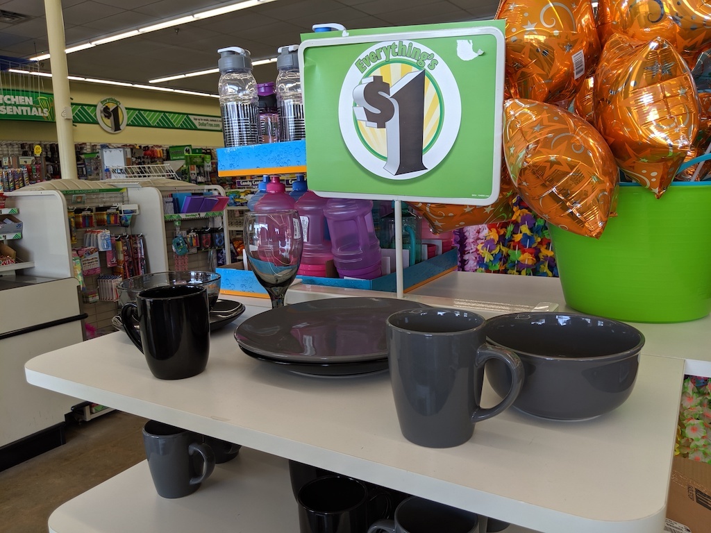 dishes at Dollar Tree with $1 sign