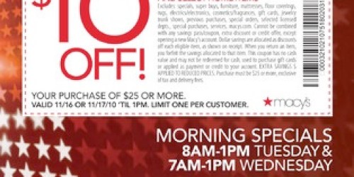 Macy's: $10 off $25 Savings Pass
