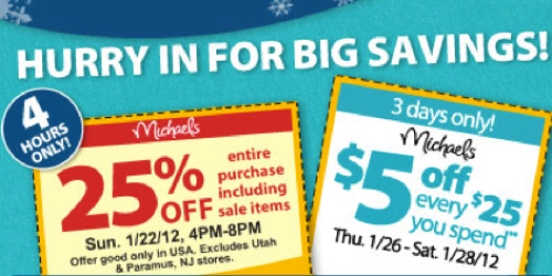 Michaels: 25% Off Your Entire Purchase Coupon – Including Sale Items (4PM-8PM Today Only) + More