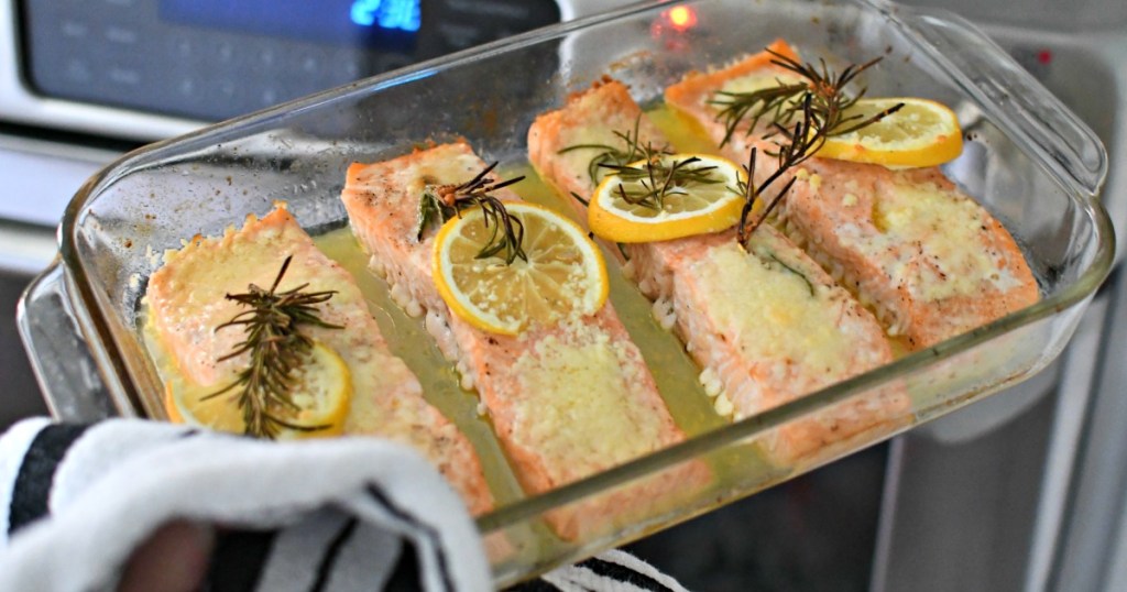 glass dish with baked salmon 