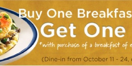 Bob Evans Restaurant: Buy 1 Get 1 Free Breakfast Entrée (Valid 10/11-10/24)