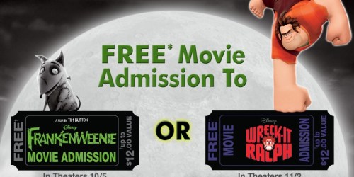 Free Movie Admission to Frankenweenie or Wreck-It Ralph (With Qualifying Blu-ray or DVD Purchase)