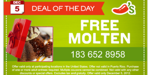 Chili’s Bar & Grill: Free Molten Cake (Today, 12/5 Only) + Free Skillet Queso & Chips