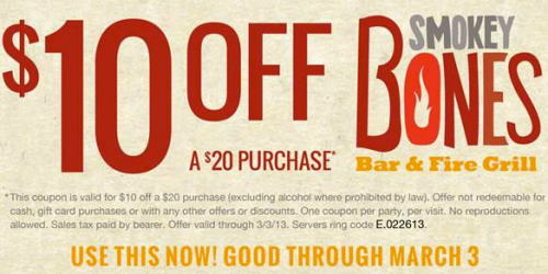 Smokey Bones: $10 Off a $20 Purchase (Valid Through 3/3!)