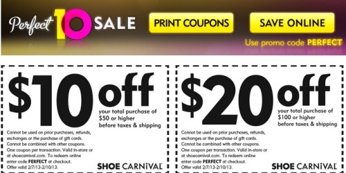 Shoe Carnival: $10 Off a $50 Purchase Coupon Valid Through Tomorrow Only + More