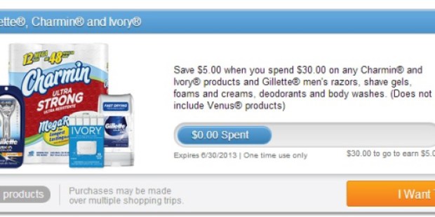 SavingStar: Spend $30 on Charmin, Ivory and Gillette Items by June 30th and Get $5 Back