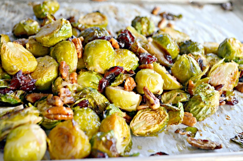 cranberry brussels sprouts on a sheet pan