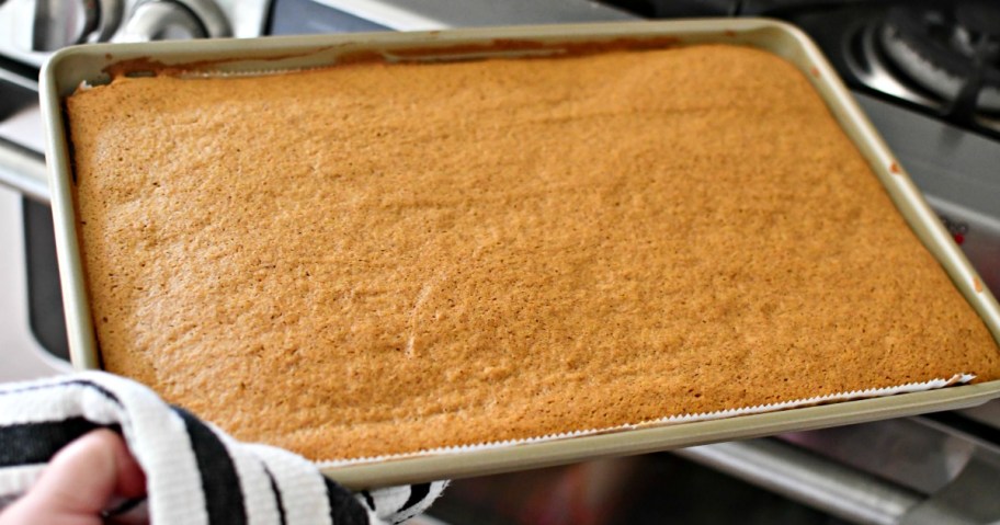 pumpkin cake baked in a jelly roll pan