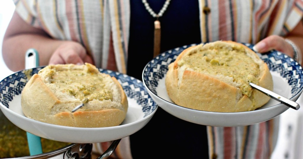 2 breadbowls with broccoli cheddar soup