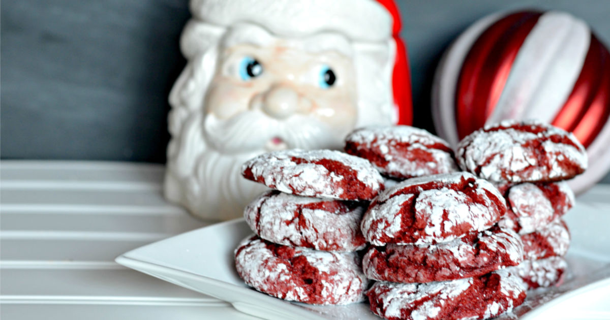 red velvet box cake cookies recipe – in front of a Santa statue