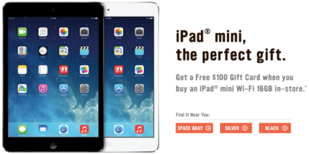 Radio Shack: Apple iPad Mini 16GB $299.99 + FREE $100 Gift Card & $60 in Holiday Cash (In-Store Only)