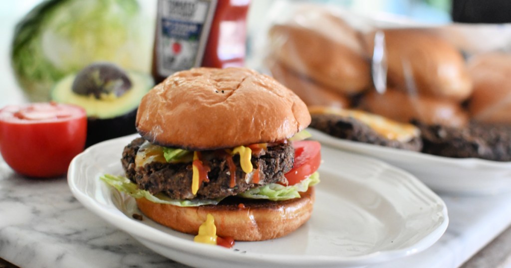 plate with a cooked black bean burger