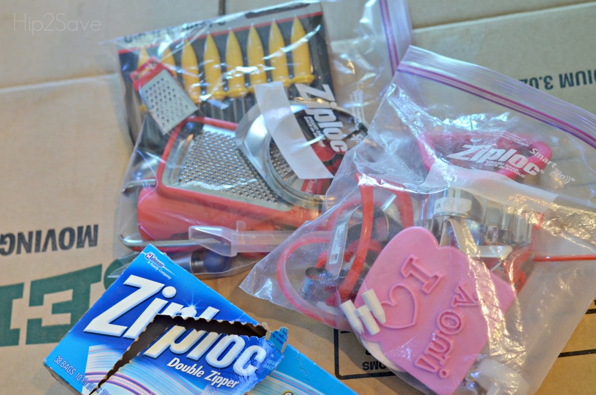 Put smaller kitchen and bathroom drawers items in large Ziploc Bags