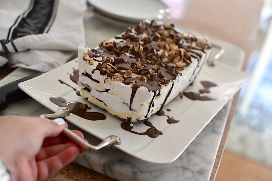 ice cream cake with chocolate syrup 