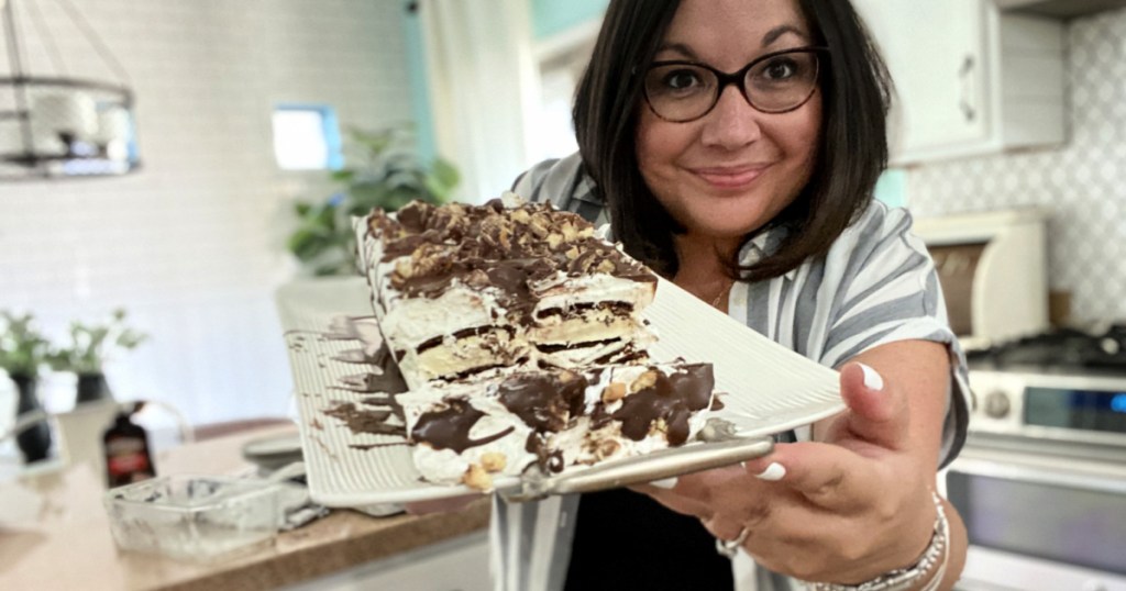 woman holding ice cream sandwich cake