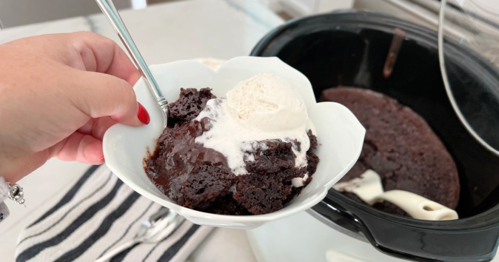 bowl with chocolate lava cake in a slow cooker