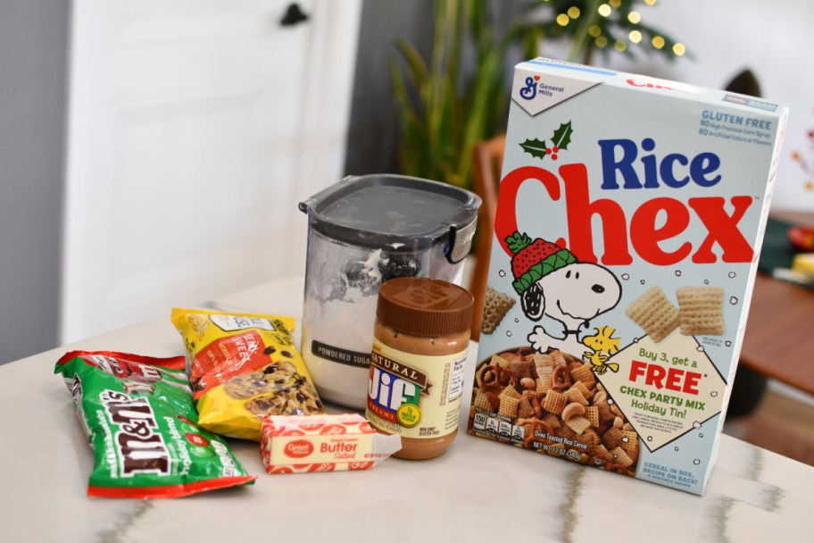 ingredients to make muddy buddies for christmas on the counter 