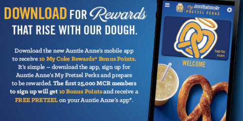 Auntie Anne’s FREE Mobile App = FREE Pretzel AND 10 My Coke Rewards Bonus Points