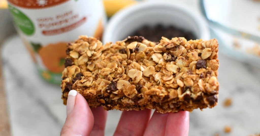 holding pumpkin chocolate chip granola bar