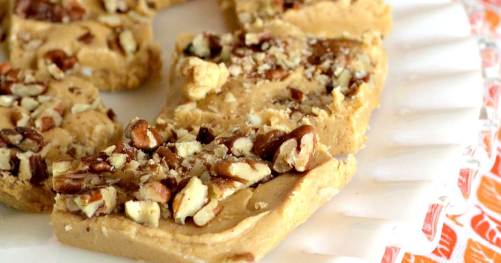 pumpkin spice fudge recipe closeup on a plate