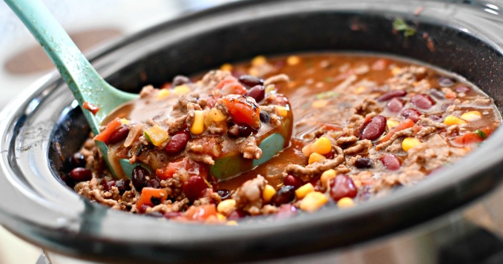slow cooker with spoonful of ranch taco soup