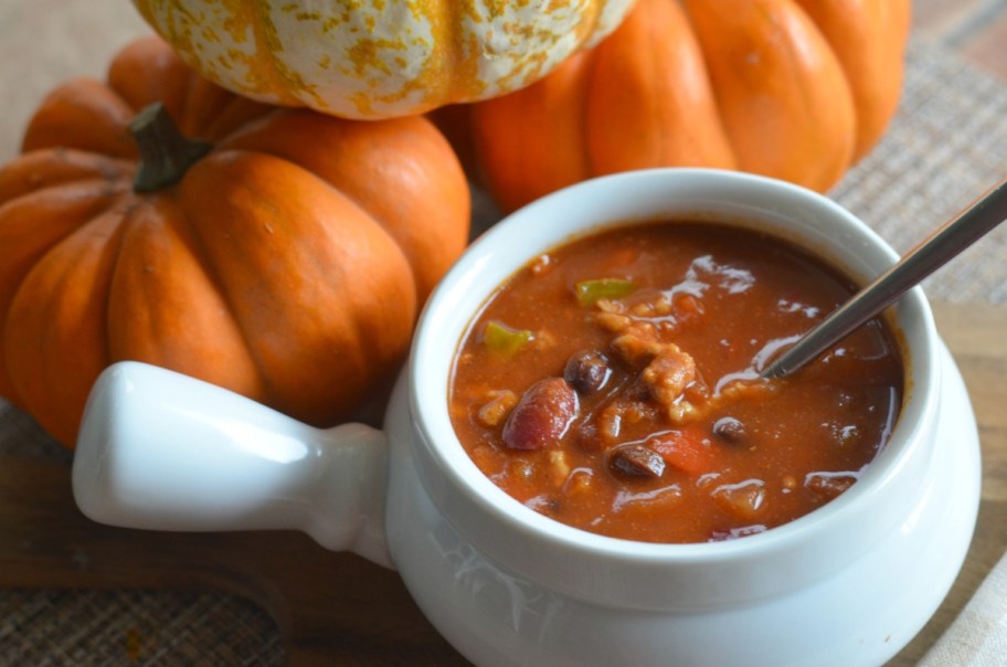 pumpkin turkey chili in white ramekin, one of the best fall soup recipes