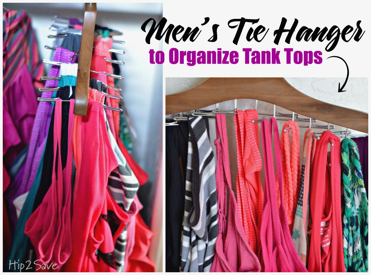 Easy way to organize tank tops with a tie hanger by Hip2Save.com