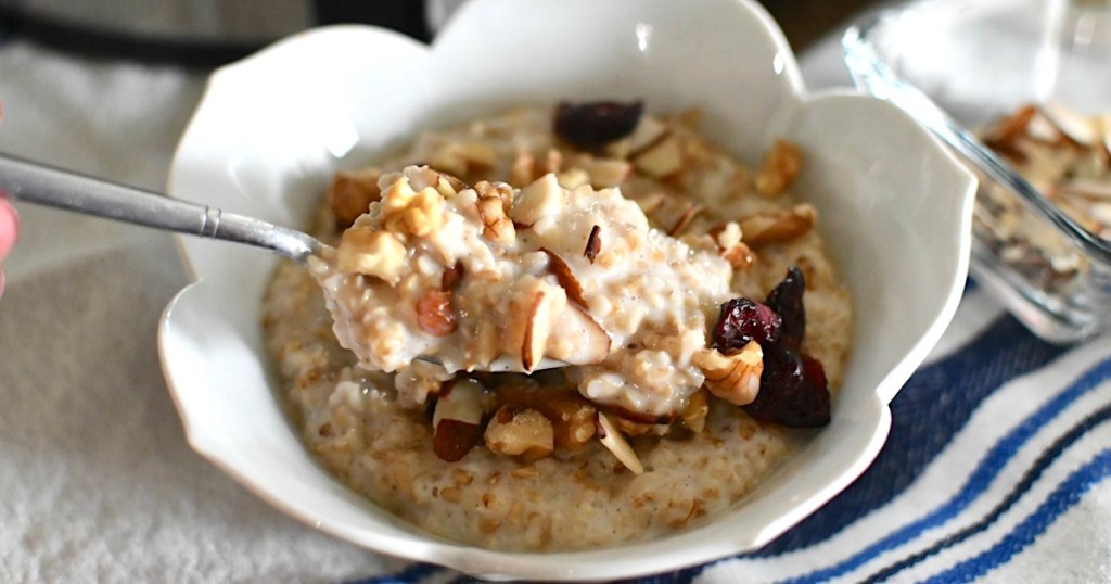 overnight steel cut oats in bowl with nuts and dried fruit 