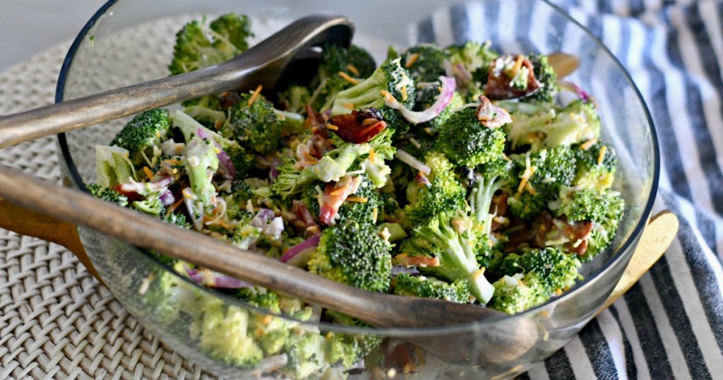 bacon broccoli salad in a glass bowl