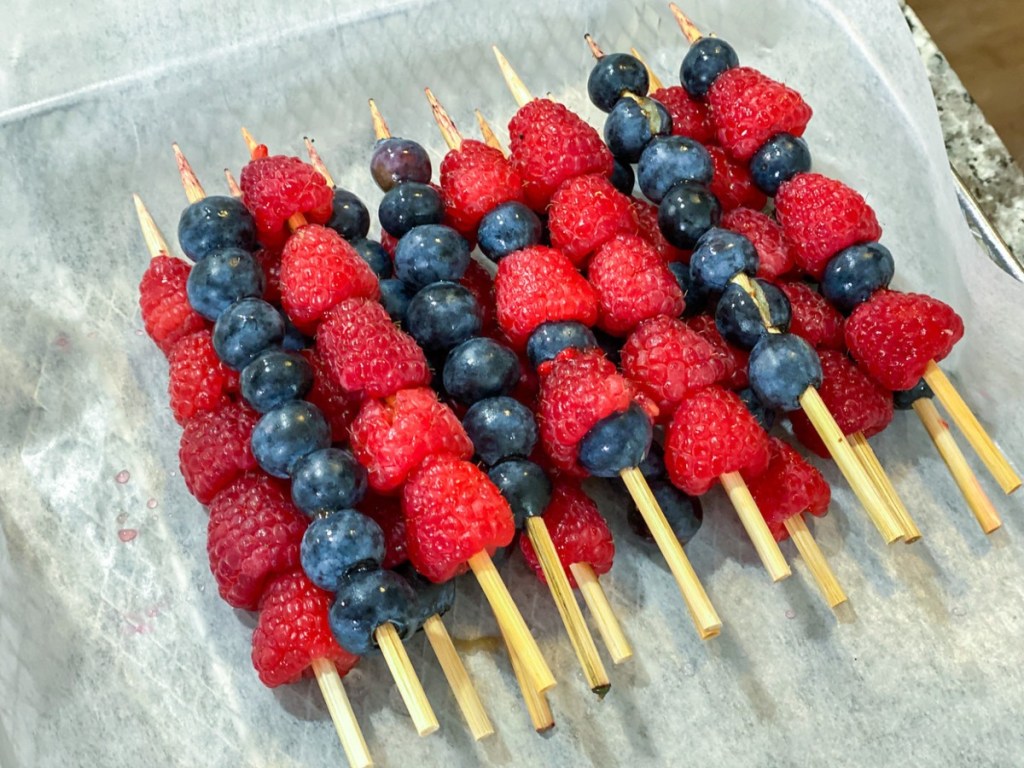 blueberries and raspberries on skewers