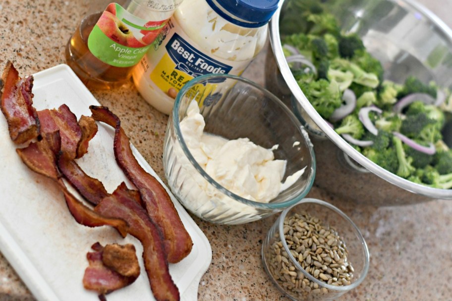 easy broccoli salad ingredients on the counter